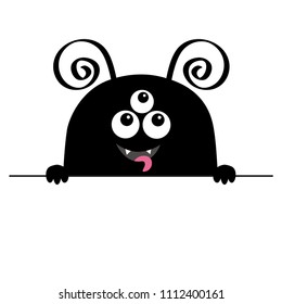 Monster scary face head icon. Hands paw holding line. Horns, fang, tongue. Cute cartoon boo spooky character. Black silhouette. Kawaii funny baby. Happy Halloween. Flat design. White background Vector