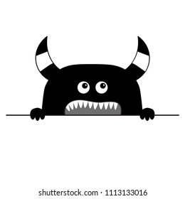 Monster scary face head icon. Hands paw holding line. Horns, fang teeth. Cute cartoon boo spooky character. Black silhouette. Kawaii funny baby. Happy Halloween. Flat design. White background Vector