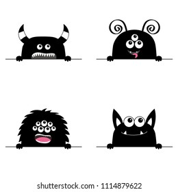 Monster scary face head icon set. Hands paw holding line. Horns fang teeth. Cute cartoon boo spooky character. Black silhouette. Kawaii funny baby. Happy Halloween. Flat design White background Vector