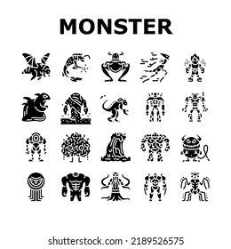 Monster Scary Fantasy Characters Icons Set Vector. Flying And Jumping Monster, Fast Running And Floating, Insect Robot, Alien Poisonous. Fire Sand Mystery Mutant Glyph Pictograms Black Illustrations