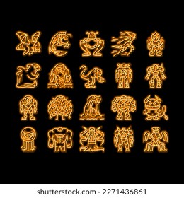 Monster Scary Fantasy Characters neon light sign vector. Flying And Jumping Monster, Fast Running And Floating, Insect And Robot, Alien And Poisonous. Fire And Sand Mystery Mutant Illustrations