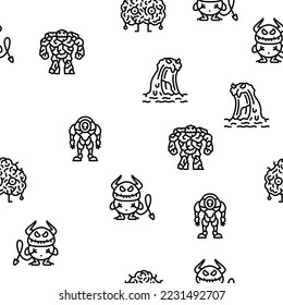 Monster Scary Fantasy Characters Vector Seamless Pattern Thin Line Illustration