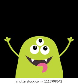 Monster scary screaming face head icon. Eyes, fang tooth, tongue, hands up. Cute cartoon boo spooky character. Green silhouette. Kawaii funny baby. Happy Halloween. Flat design Black background Vector