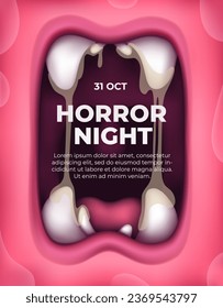 Monster screaming mouth. Halloween party poster. Horror creepy night. Vector illustration eps10. Invitation banner. flyer template. Realistic design. Funny cartoon style creature. Scary teeth, slime.