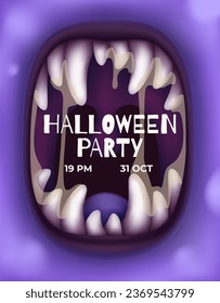 Monster screaming mouth. Halloween party poster. Horror creepy night. Vector illustration eps10. Invitation banner. flyer template. Realistic design. Funny cartoon style creature. Scary teeth, slime.