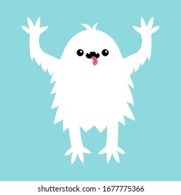 Monster screaming spooky fluffy silhouette. Yeti bigfoot fur. Eyes, tongue, teeth, hands up. White Funny Cute cartoon kawaii baby character. Happy Halloween. Flat design. Blue background. Vector
