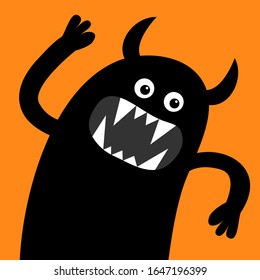 Monster screaming spooky silhouette. Scandinavian style. Eyes, teeth fang, hands up. Happy Halloween. Black Funny Cute cartoon kawaii character. Baby collection. Flat design. Orange background. Vector