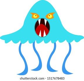 Monster sea jellyfish with open mouth and sharp fangs. Halloween concept and dangerous animals object for design on a white background.