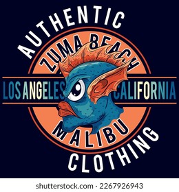 Monster of sea with text Authentic Zuma Beach Malibu California Wild Sea college design, Surf Attack California beach, Illustration sea monster.