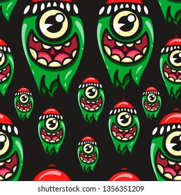 Monster seamless background. Decoration for greeting cards, posters, stripes, prints for clothes, emblems.