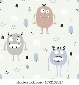 Monster seamless pattern Cute monster cartoon background Hand drawn design in kid style, use for fabric, textile, print, wallpaper. Vector illustration