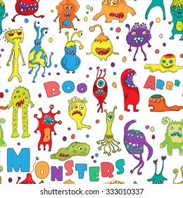 Monster seamless pattern. Hand drawn design for Halloween, Birthday and Baby Shower greeting cards, fabric, wrapping paper, invitation, stationery.Vector illustration.
