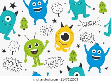 Monster seamless pattern. Repeating image for printing on childrens bed linen. Fictional characters, fantasy and imagination. Fabric, textile, wallpaper for website. Cartoon flat vector illustration