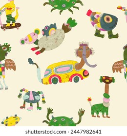 Monster seamless pattern. watercolor vector illustration. animal.