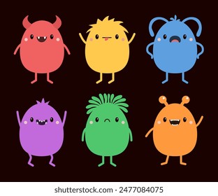 Monster set. Cartoon kawaii funny boo character. Cute face with teeth, horns, eyes, hands. Colorful silhouette monsters. Happy Halloween. Childish baby collection. Black background. Flat design Vector