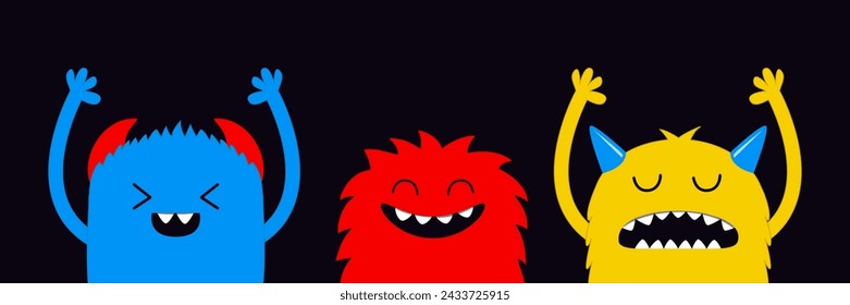 Monster set. Colorful silhouette face head icon set line. Happy Halloween. Eyes, tongue, fang tooth, hands up. Cute cartoon kawaii scary funny boo baby character. Black background. Flat design. Vector