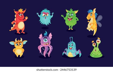 Monster-Set. Süße Außerirdische. Kid Charakter Cartoon Stil Tiere, Maskottchen-Logo. Lustige Kreatur, Spielzeug wenig albern, Spieldesign isoliert glückliche Mutanten, süße verrückte Augen Comic Lächeln. Vektorgrafik Ordentliche Darstellung