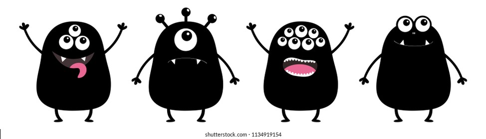 Monster set. Cute cartoon black scary character. Eyes, tongue, hands up, down. Funny baby collection. Happy Halloween card. White background Isolated. Happy Flat design. Vector illustration