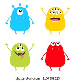 Monster set. Cute cartoon colorful scary character. Eyes, tongue, hands up. Funny baby collection. White background Isolated. Happy Halloween card. Flat design. Vector illustration