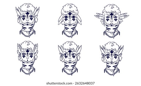 Monster set for expressing emotions. Hand drawn, doodle illustrations in black and white, ink style. Fictional avatar. calm, angry, surprised, smiling, zayplaying. Vector illustration