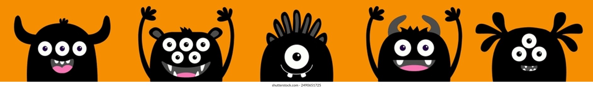 Monster set. Five black face head silhouette icon line. Eyes, tooth fang, tongue, hands up. Cute cartoon kawaii scary funny baby character. Happy Halloween. Flat design. Orange background. Vector