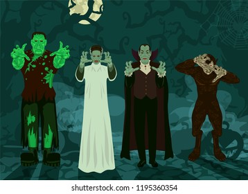 monster set Halloween theme background Frankenstein, Dracula, Bride, Werewolf trees, roots, pumpkins, fog and a full moon (set 1/2)