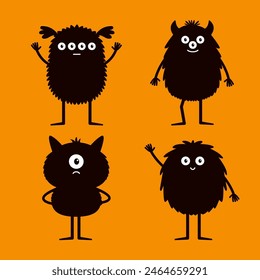 Monster set. Happy Halloween. Black silhouette monsters. Cute different faces. Kawaii cartoon funny boo character. Eyes, teeth, horns hands. Childish style. Flat design. Orange background. Vector