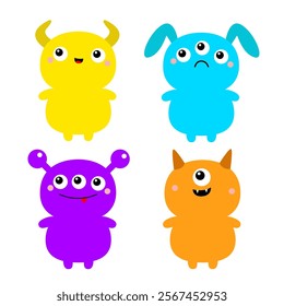 Monster set. Happy Halloween. Cartoon kawaii funny character. Colorful silhouette monsters. Cute face with teeth, horns, eyes, hands. Childish baby collection. Flat design. White background. Vector