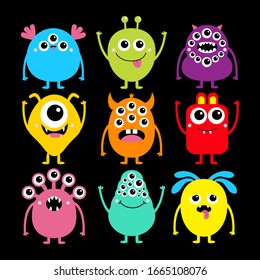 Monster set. Happy Halloween. Cute kawaii cartoon colorful scary funny character icon. Eyes, tongue, hands, horns, fang teeth . Funny baby collection. Isolated. Black background Flat design. Vector