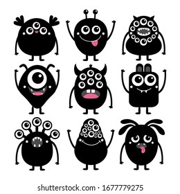 Monster set. Happy Halloween. Cute kawaii cartoon black scary funny character icon. Eyes, horns, tongue, hands, fang teeth . Funny baby collection. Isolated. White background Flat design. Vector