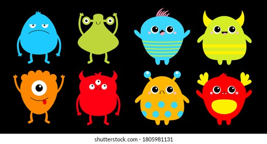 Monster set. Happy Halloween. Cute cartoon kawaii sad character icon. Eyes, horns hands up, tongue. Funny baby collection. Colorful silhouette. Black background. Isolated. Flat design. Vector