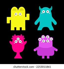 Monster set. Happy Halloween. Cute face head. Cartoon kawaii scary funny character. Colorful silhouette. Baby collection. Different emotion. T-shirt design. Black background. Flat design. Vector