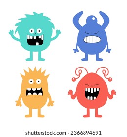 Monster set. Happy Halloween. Cute head face. Four colorful monsters with different emotions. Cartoon kawaii smiling funny boo baby character. T-shirt design. White background. Flat design. Vector