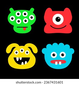 Monster set. Happy Halloween. Cute face head. Four colorful monsters. Cartoon kawaii scary funny character. Different emotion. T-shirt design. Baby collection. Black background. Flat design. Vector