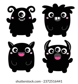 Monster set. Happy Halloween. Cute face with horns, teeth, eyes. Black silhouette monsters. Cartoon kawaii funny boo character. Childish baby collection. White background. Flat design. Vector