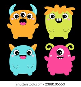 Monster set. Happy Halloween. Cute face with horns, teeth, eyes. Silhouette monsters. Cartoon kawaii funny boo character. Childish baby collection. T-shirt design. Black background. Flat design Vector