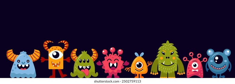 Monster set. Happy Halloween. Cute colorful scary funny monsters character. Baby design collection. Flat Vector illustration isolated on Black background.