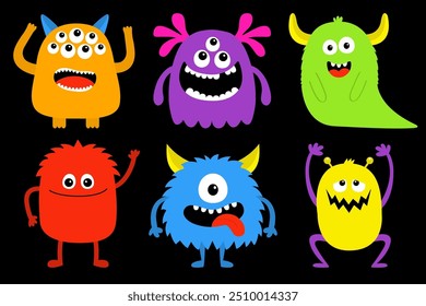 Monster set. Happy Halloween. Cute cartoon kawaii funny baby character icon. Colorful silhouette. Horns, fang teeth, eyes. Sticker print. Childish style. Flat design. Black background. Isolated Vector