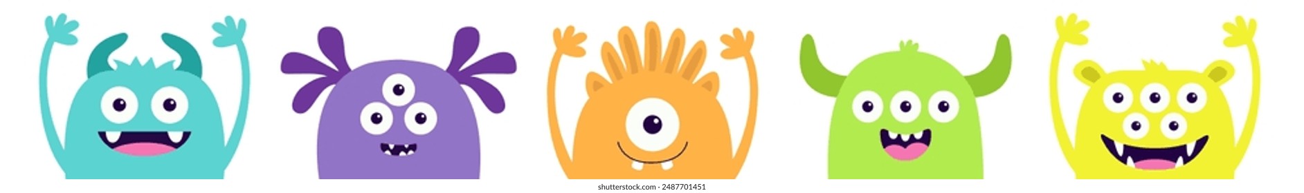 Monster set. Happy Halloween. Five colorful silhouette face head icon line. Eyes, tooth fang, tongue, hands up. Cute cartoon kawaii scary funny baby character. Flat design. White background. Vector