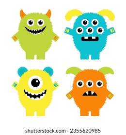 Monster set. Happy Halloween. Four colorful monsters. Cute face head. Cartoon kawaii scary funny character. Different emotion. Baby collection. T-shirt design. White background. Flat design. Vector