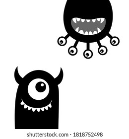 Monster set. Happy Halloween. Funny face head black silhouette. Hanging upside down. Cute cartoon kawaii baby character. Eyes teeth fang tongue hands. Flat design. White background Vector illustration