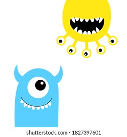Monster set. Happy Halloween. Funny face head blue yellow silhouette. Hanging upside down. Eyes teeth fang tongue hands. Cute cartoon kawaii baby character. Flat design. White background. Vector