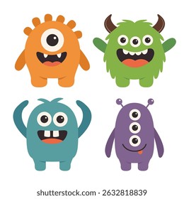 Monster set. Happy Halloween. Funny cartoon kawaii baby character. Smiling face. Cute colorful monsters silhouette icon. Horns, teeth, eyes, hands. Flat design. Childish style. White background Vector