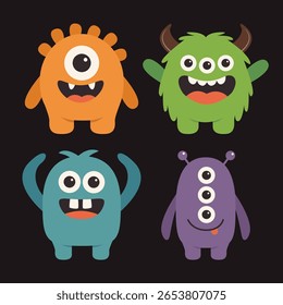 Monster set. Happy Halloween. Funny cartoon kawaii baby character. Smiling face. Cute colorful monsters silhouette icon. Horns, teeth, eyes, hands. Flat design. Childish style. Black background Vector