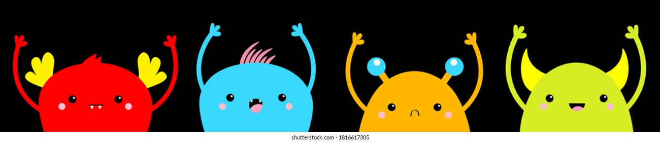 Monster set holding hands up. Happy Halloween. Cute cartoon kawaii colorful sad smiling character icon. Funny baby collection. Black background. Isolated. Flat design. Vector illustration