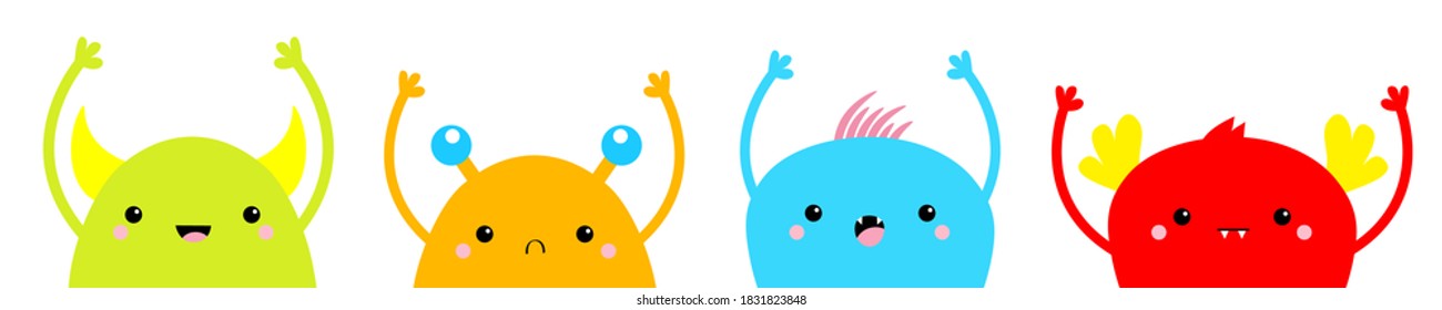 Monster set holding hands up. Happy Halloween. Cute cartoon kawaii colorful sad smiling character icon. Funny baby collection. Isolated. White background. Flat design. Vector illustration