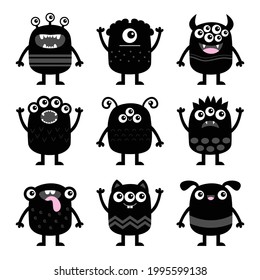 Monster set icon. Happy Halloween. Kawaii cute cartoon baby character. Funny face head body black silhouette. Hands up, horn, eyes fang teeth tongue. Flat design. White background. Vector illustration