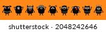 Monster set icon line banner. Happy Halloween. Kawaii cute cartoon baby character. Funny face head body black silhouette. Hands up, horn, eyes fang teeth tongue. Flat design. Orange background. Vector