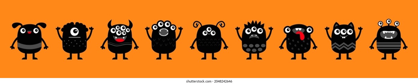 Monster set icon line banner. Happy Halloween. Kawaii cute cartoon baby character. Funny face head body black silhouette. Hands up, horn, eyes fang teeth tongue. Flat design. Orange background. Vector