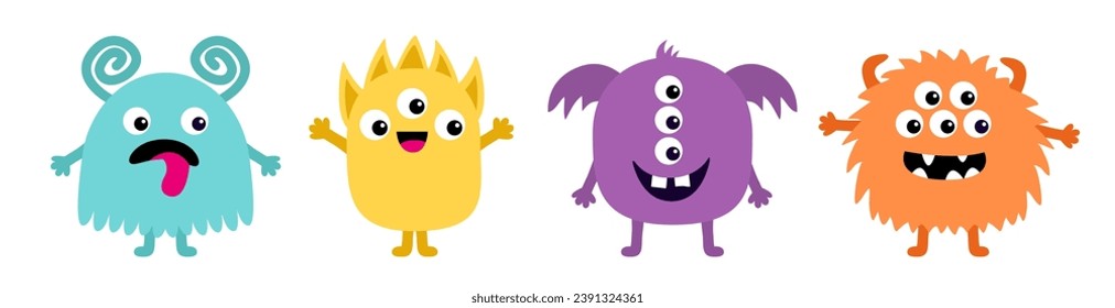 Monster set line banner. Happy Halloween. Colorful monsters with different emotions. Funny smiling face head. Cartoon kawaii boo childish baby character. Flat design. Black background. Vector